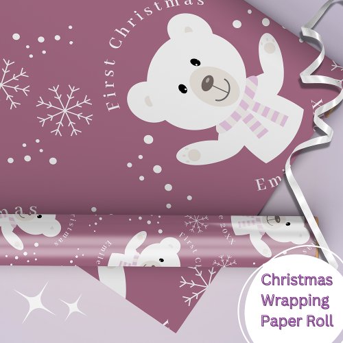Baby Girls First Christmas Polar Bear Pink Wrapping Paper