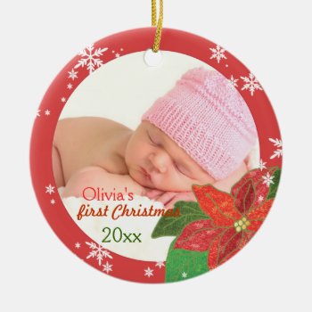 Baby Girl's First Christmas Red Photo Ornaments by Whimsical_Holidays at Zazzle