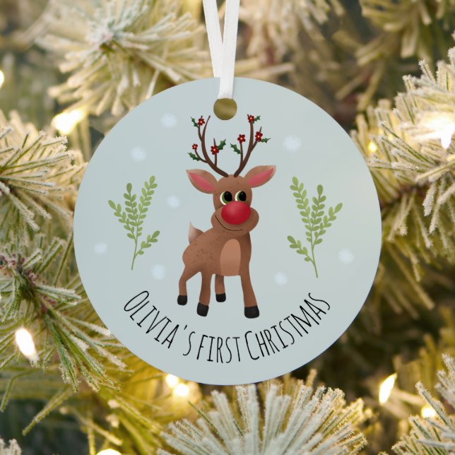 Baby Girls First Christmas Rudolph Reindeer & Snow Metal Ornament (Insitu)