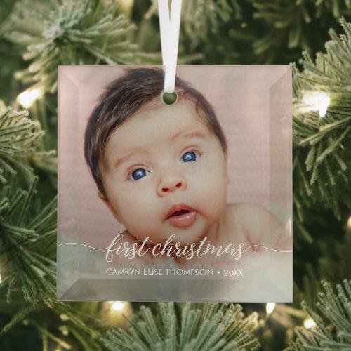 Baby Girls First Christmas Script Custom Photo  Glass Ornament
