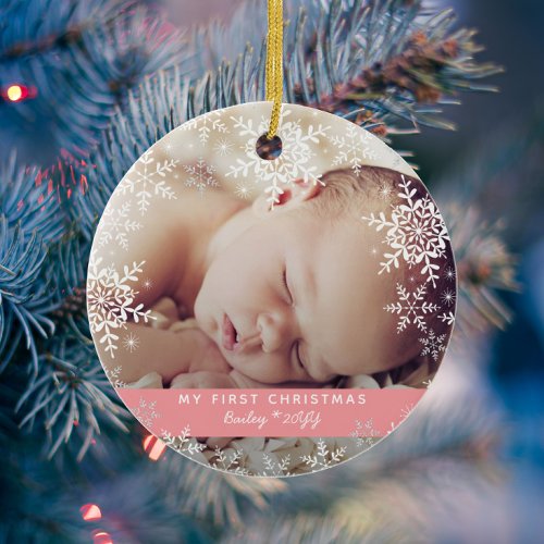 Baby Girls First Christmas Snowflakes Pink Glass Ornament