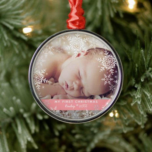 Baby Girls First Christmas Snowflakes Pink Metal Ornament