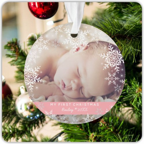 Baby Girls First Christmas Snowflakes Pink Ornament