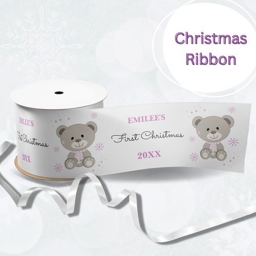 Baby Girls First Christmas Teddy Bear Pink Satin Ribbon