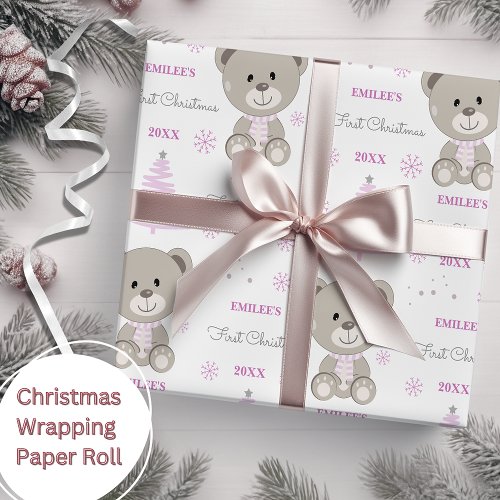 Baby Girls First Christmas Teddy Bear Pink Wrapping Paper