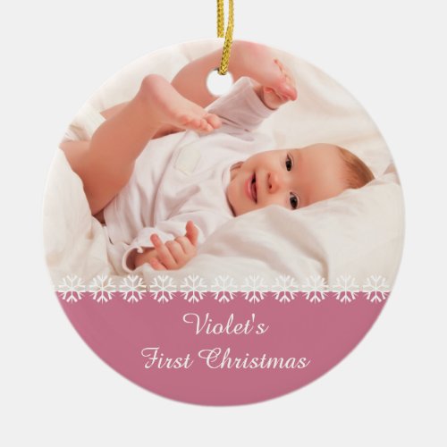 Baby Girls First Christmas w Photo  Stats _ Pink Ceramic Ornament