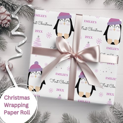 Baby Girls First Christmas Winter Penguin Pink Wrapping Paper