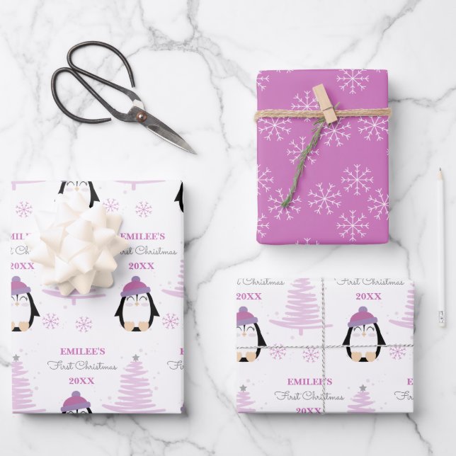 Baby Girls First Christmas Winter Penguin Pink Wrapping Paper Sheets (Front)