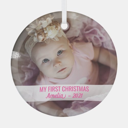 Baby girls first Christmas with name cute photo G Glass Ornament