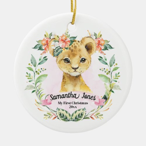 Baby Girls My First Christmas Watercolor Lion Cub Ceramic Ornament