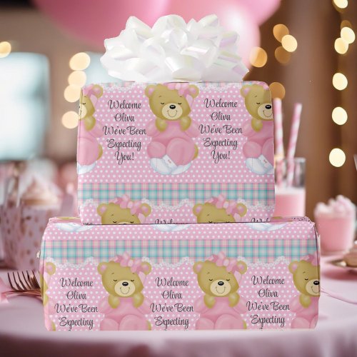 Baby Girls Name Personalize Text Pretty Pink Wrapping Paper