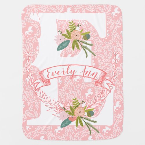 Baby Girls Name Ride Unicorns Peachy Pink Floral Baby Blanket
