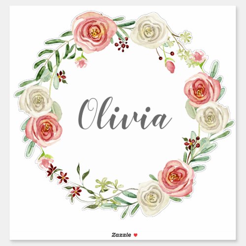 Baby Girls Name Watercolor Rose Floral Wreath Sticker