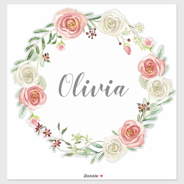 Baby Girls Name Watercolor Rose Floral Wreath Sticker (Sheet)