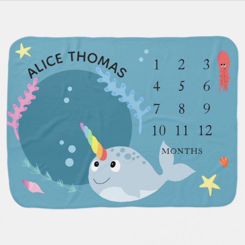 Baby Girls Ocean Narwhal  Name Milestone Baby Blanket