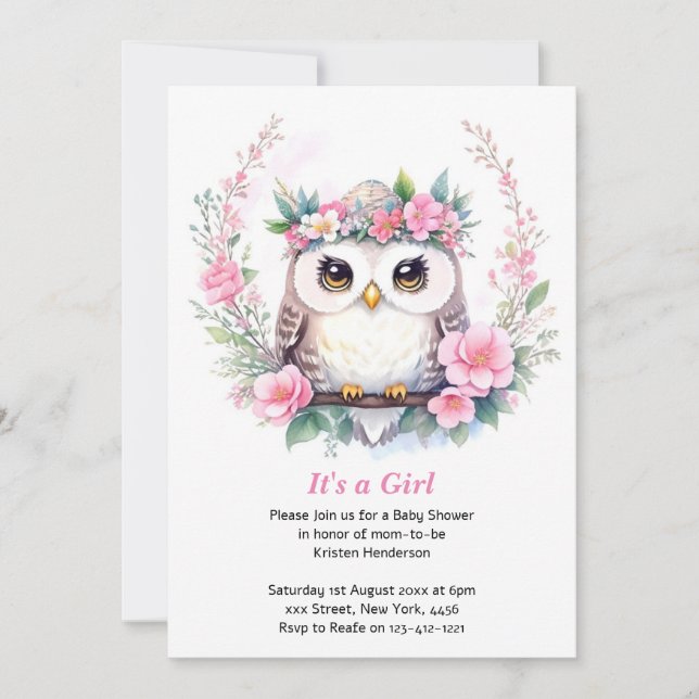 Baby Girl's Owl Floral Shower Invitation (Front)