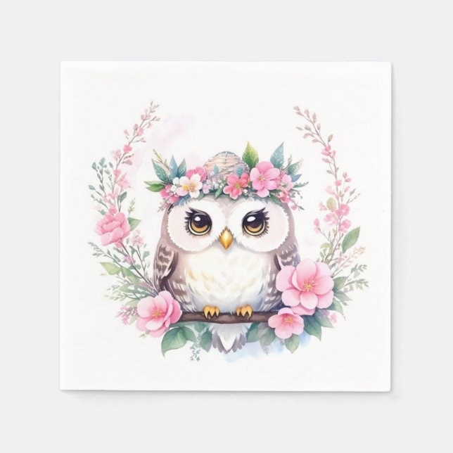 Baby Girl's Owl Floral Shower Napkins (Front)