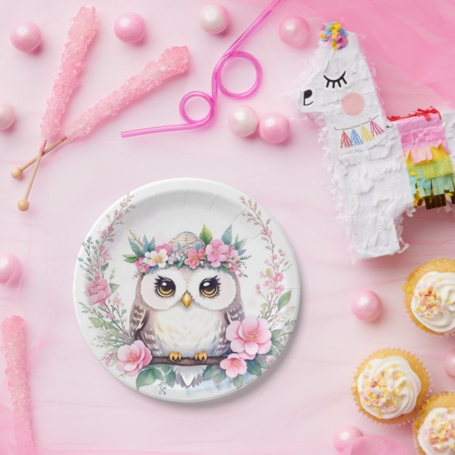 Baby Girl's Owl Floral Shower Paper Plates (Party)