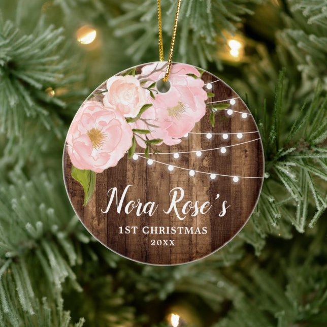 Baby Girl's Personalized 1st Christmas Wood Floral Ceramic Ornament (Tree)