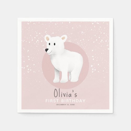 Baby Girls Pink 1st Birthday Winter Polar Bear Napkins