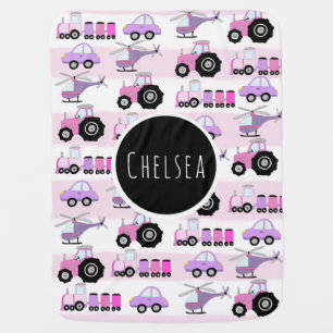 Baby Girl's Pink Car Transport Pattern & Name Swaddle Blanket