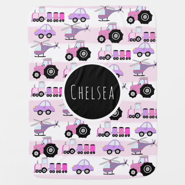 Baby Girl's Pink Car Transport Pattern & Name Swaddle Blanket (Front)