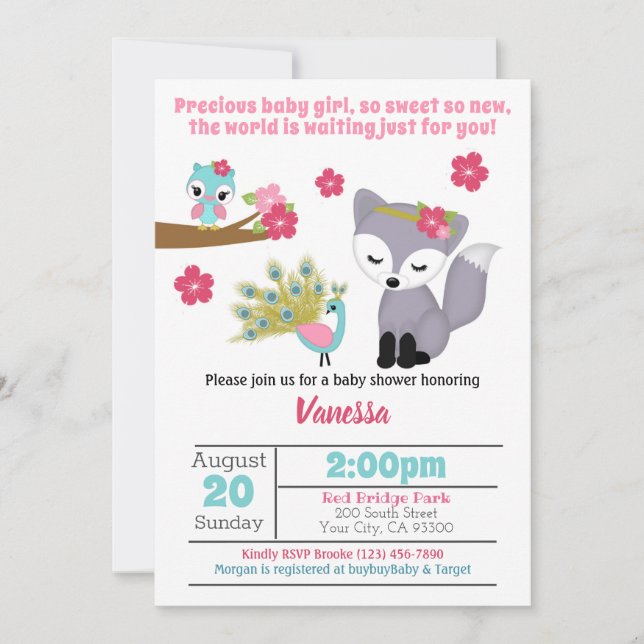 Baby Girls Pink Fox Baby Shower Invitation (Front)