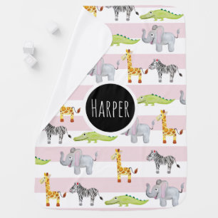 Baby Girl's Pink Striped Safari Animal with Name Baby Blanket