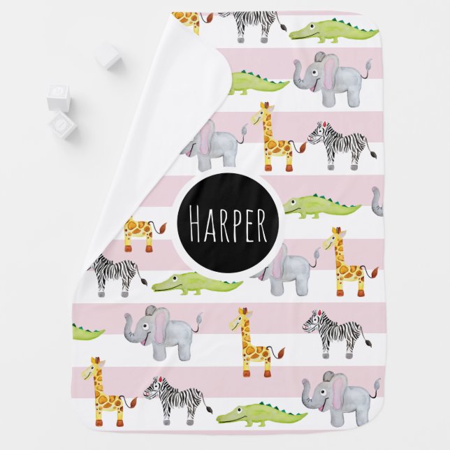 Baby Girl's Pink Striped Safari Animal with Name Blanket (In Situ)