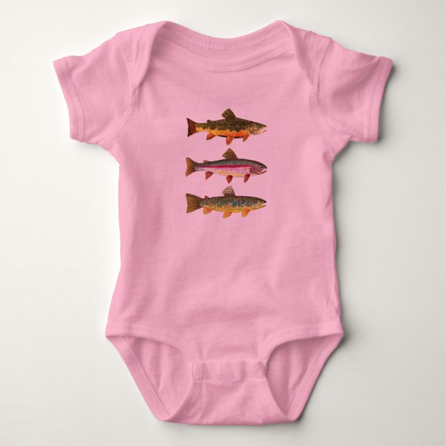Baby Girl's Pink Trout Fishing Baby Bodysuit (Front)