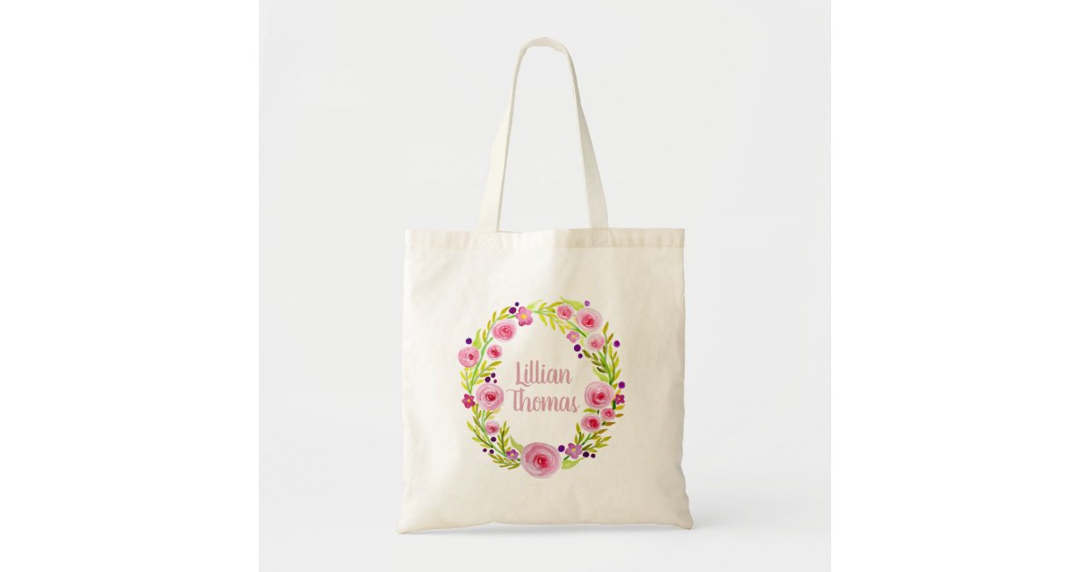 Baby Girl's Pink Watercolor Flower Wreath and Name Tote Bag | Zazzle