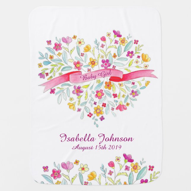 Baby girls pretty flower heart baby blanket (Front)