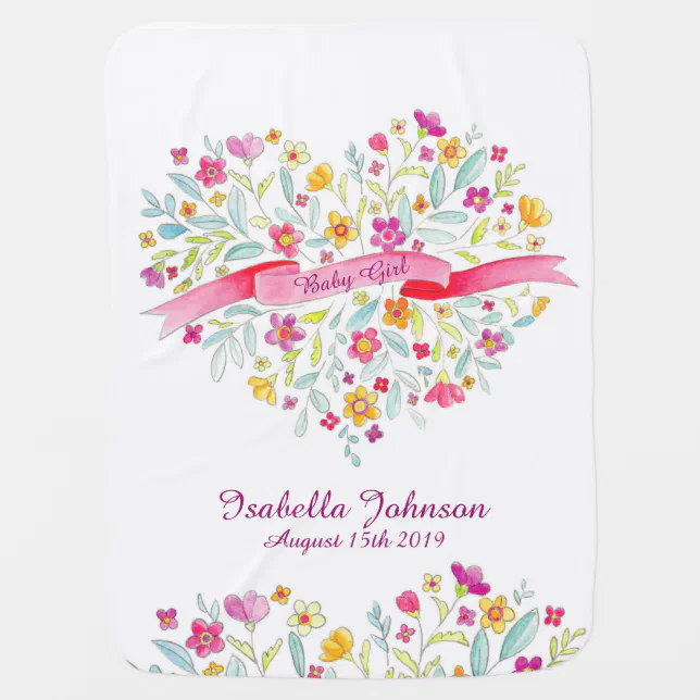 Baby girls pretty flower heart baby blanket Zazzle
