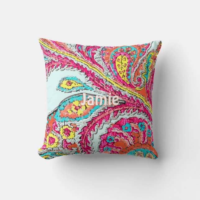 Baby Girl's Room Peacock Paisley Tangerine Throw Pillow (Front)