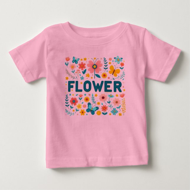 Baby Girls' T-shirt with Cute Letters and Flowers  (Front)
