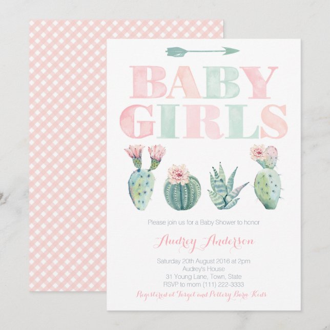 Baby Girls Twins Shower or Sprinkle Cactus theme Invitation (Front/Back)