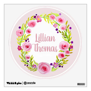 Baby Girl's Watercolor Flower Wreath Name Nursery Wall Sticker