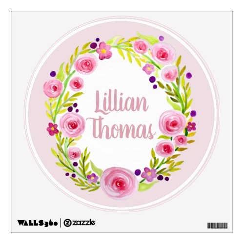 Baby Girls Watercolor Flower Wreath Name Nursery Wall Sticker