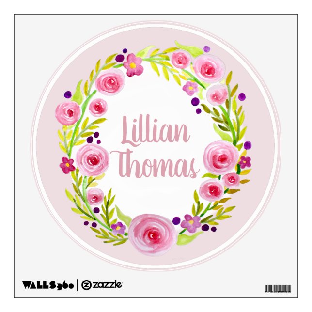 Baby Girl's Watercolor Flower Wreath Name Nursery Wall Sticker (Front)