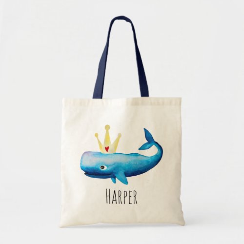 Baby Girls Watercolor Princess Whale and Name Tote Bag