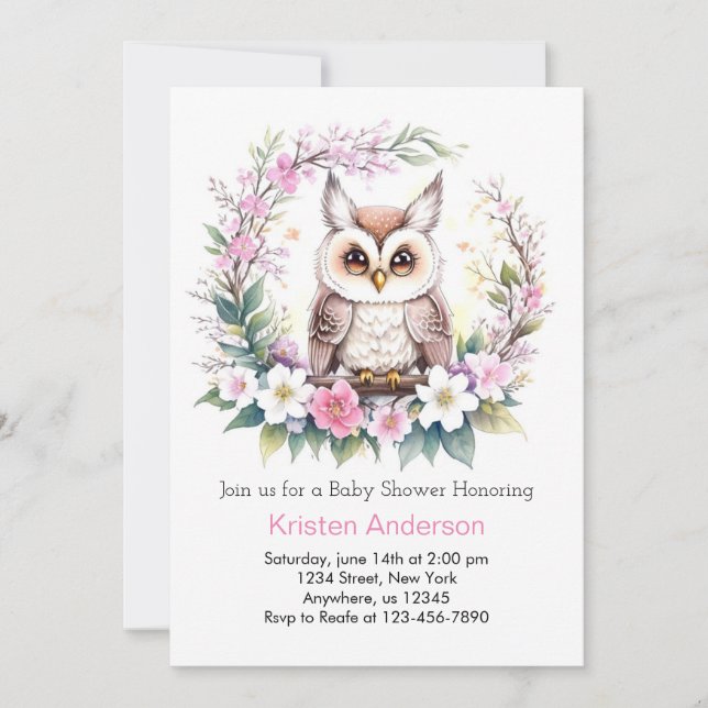 Baby Girl's Whimsical Owl Shower. Invitation (Front)