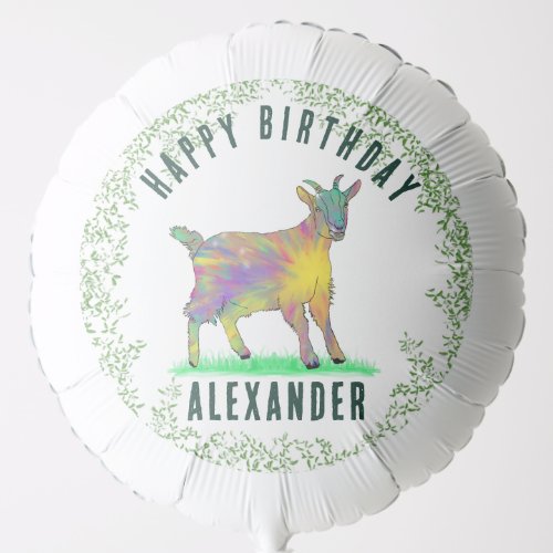 Baby Goat and Foliage Happy Birthday Add Name Balloon