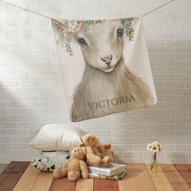 Baby Goat Animal Boho Floral Personalized Baby Blanket (In Situ)