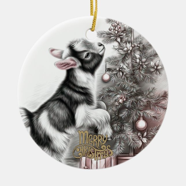 Baby Goat Christmas 10 and YOUR PHOTO Ceramic Ornament (Front)