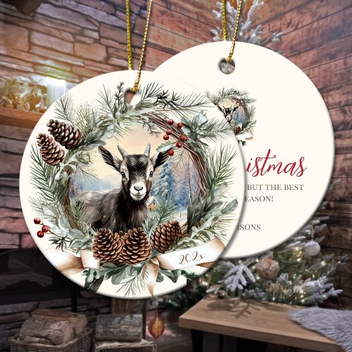 Baby goat farm animal Christmas pinecone wreath Ceramic Ornament