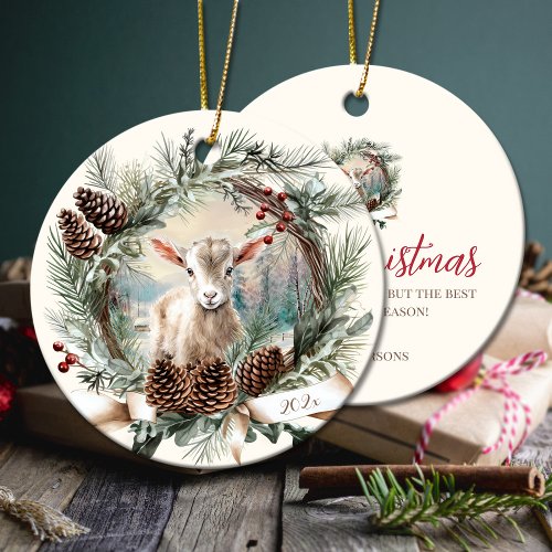 Baby goat farm animal Christmas pinecone wreath Ceramic Ornament