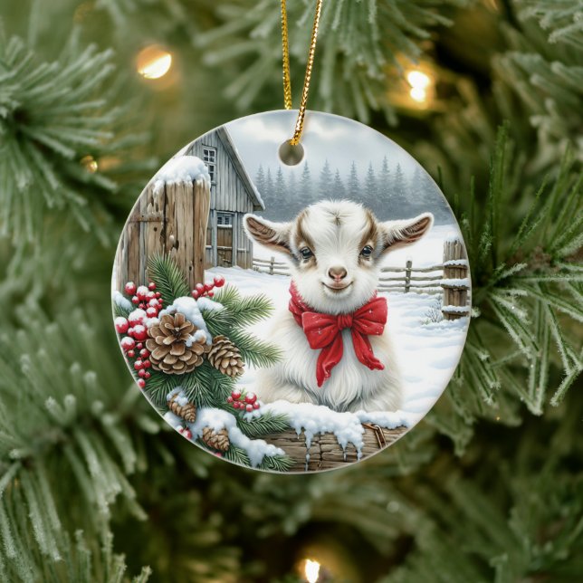 Baby Goat Festive Rustic Farm Christmas Ceramic Ornament (Tree)