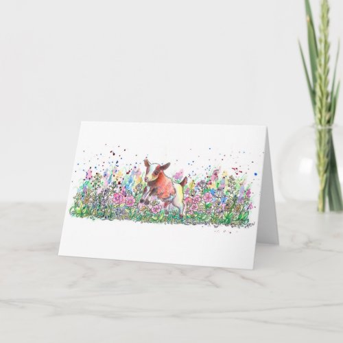 Baby Goat in Flower Field Card