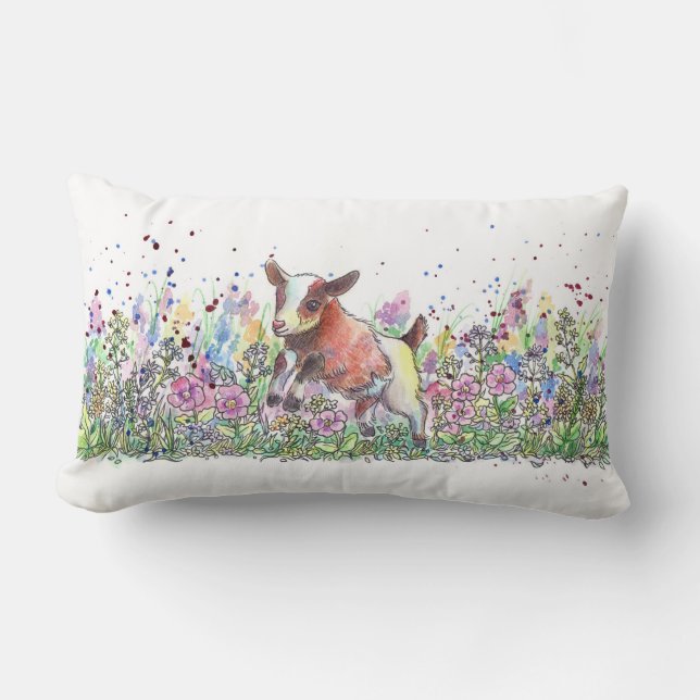 Baby Goat in Flower Field Lumbar Pillow (Front)