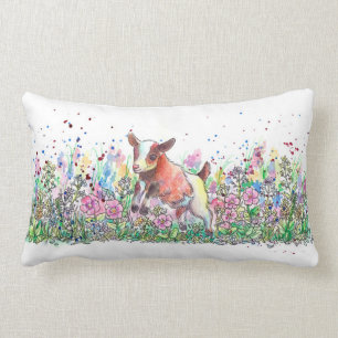 Baby Goat in Flower Field Lumbar Pillow